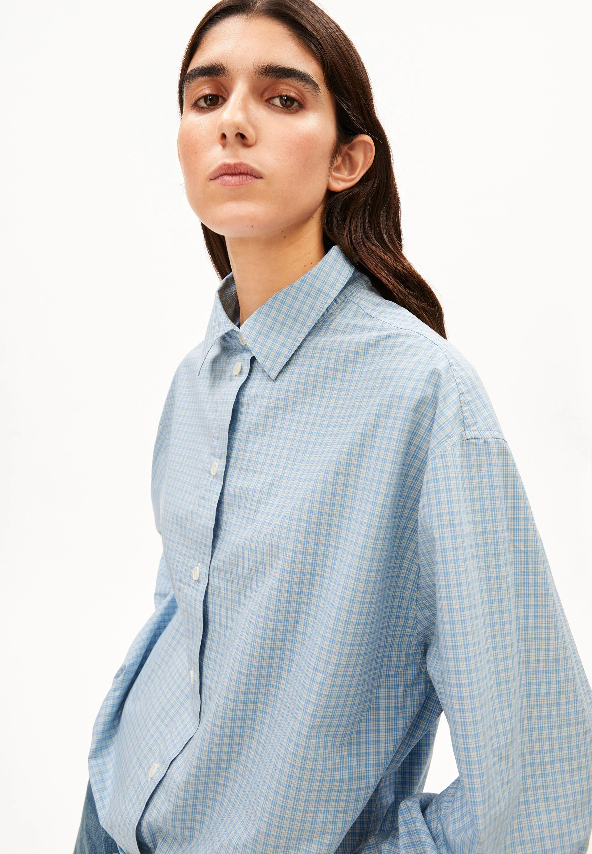 KARIERTE BLUSE MIT KORDELZUG | skylight-oatmilk - Image 3